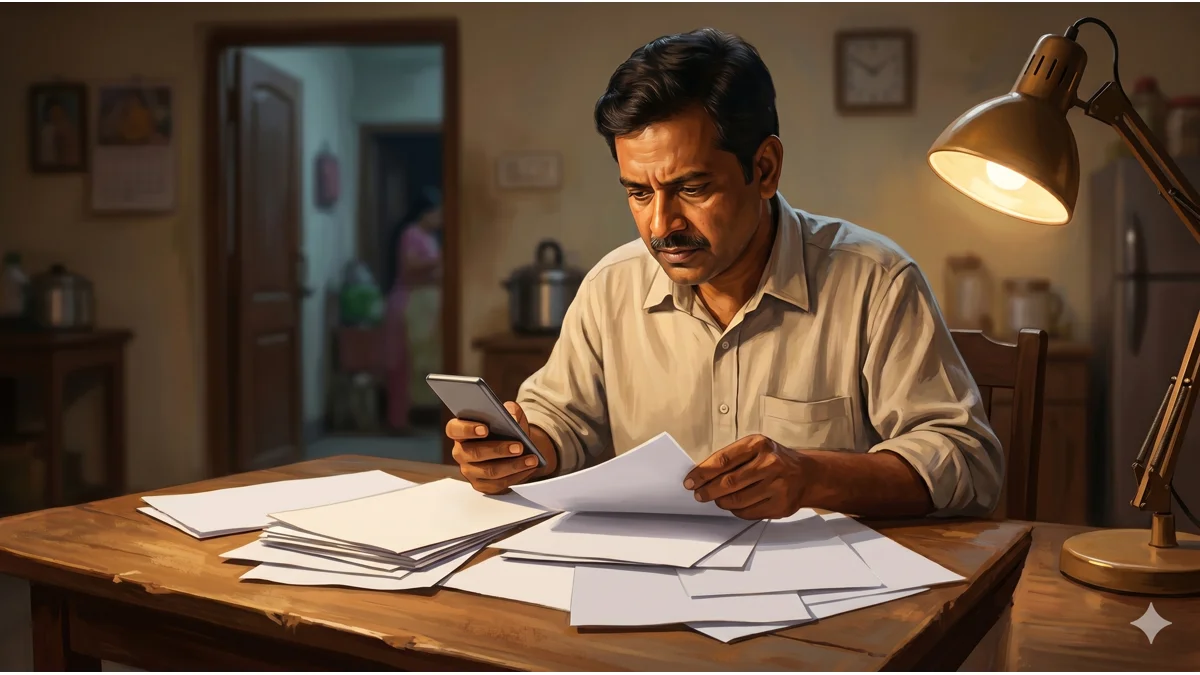 One middle-aged Indian man at a home table at night sorting government papers and holding a phone, family visible in warm lamplight behind him
