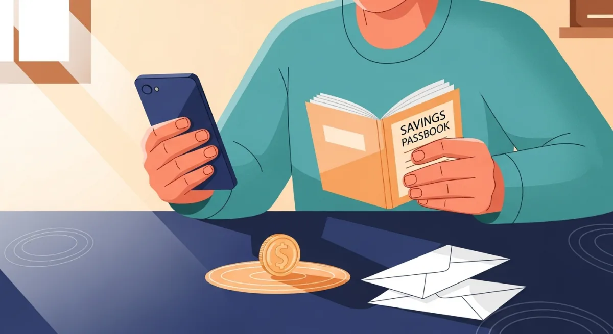A person at a table with a phone and passbook studying a single coin beside two overlapping identical envelopes. A person at a table with a phone and passbook studying a single coin beside two overlapping identical envelopes.