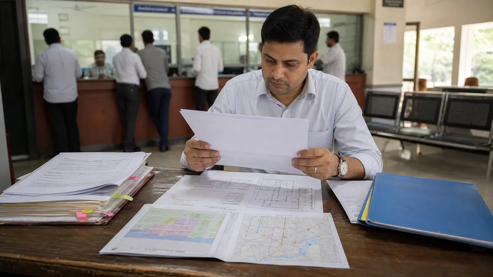 Home buyer checking property records before purchase using RTI and public record inspection Home buyer checking property records before purchase using RTI and public record inspection