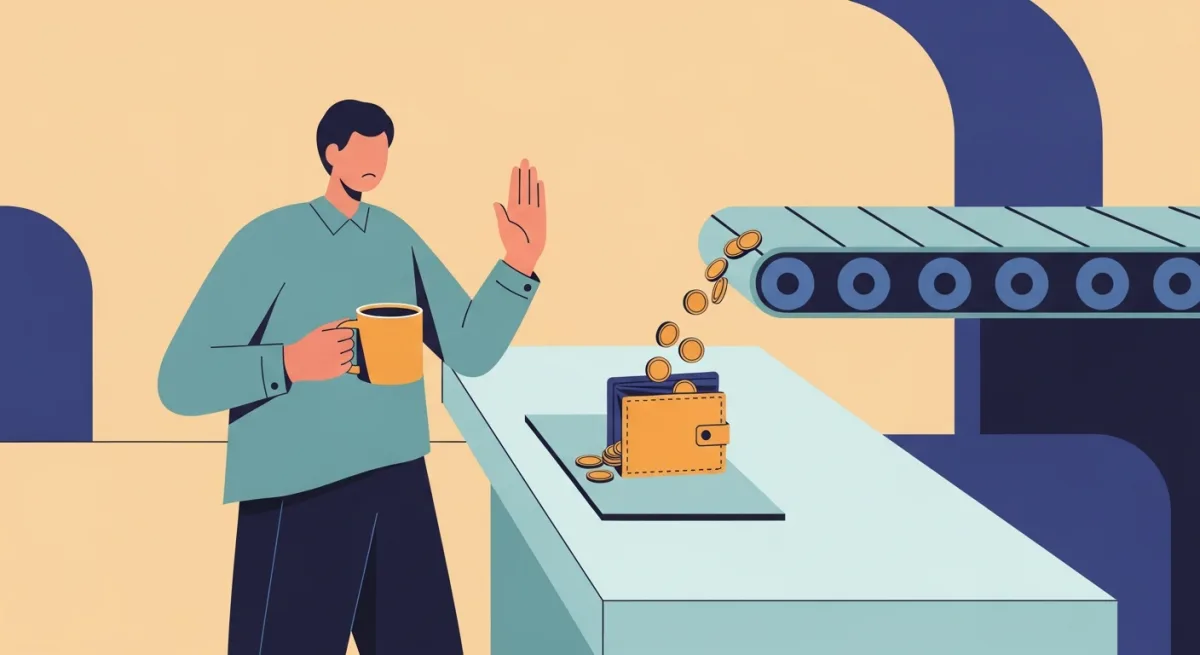 Person raising a hand to stop coins being carried away from a wallet on a conveyor belt at a bank counter. Person raising a hand to stop coins being carried away from a wallet on a conveyor belt at a bank counter.