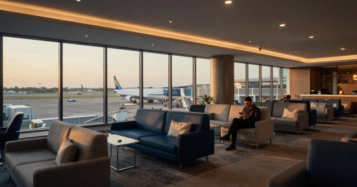 A traveller checking their bank app in a modern Indian airport lounge before boarding