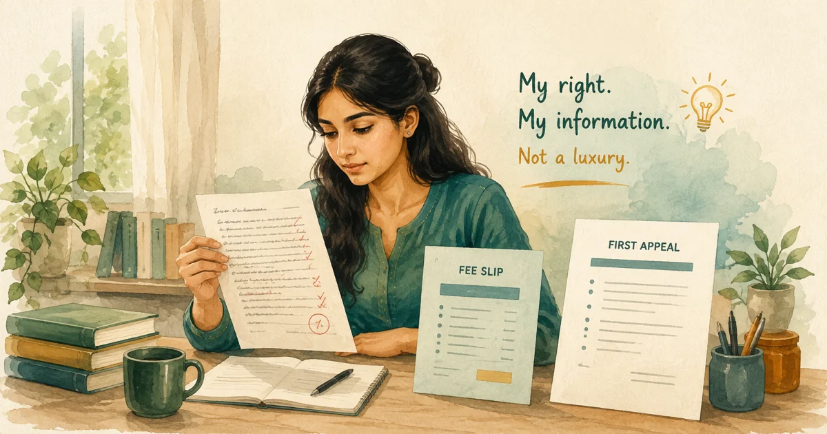 Representative illustration of a student checking an answer sheet beside a fee slip and first appeal