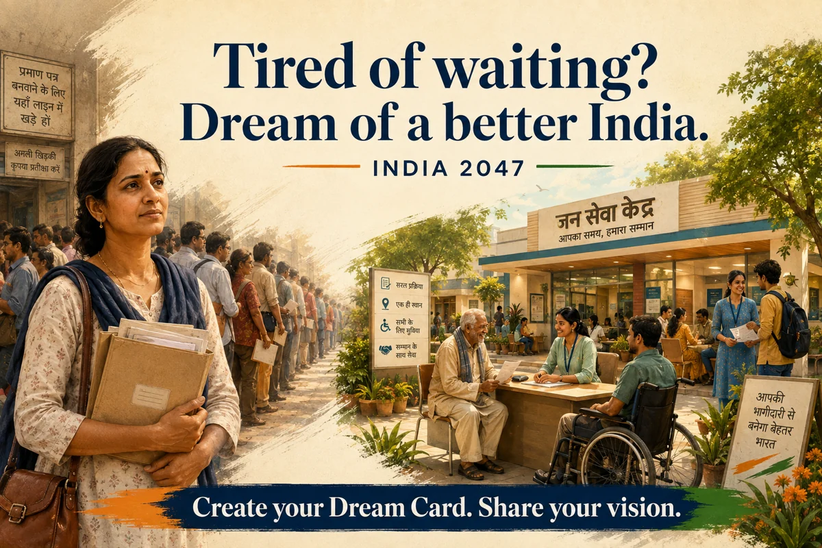 Tired of waiting? Dream of a better India. Concept illustration of citizens moving from paperwork queues towards accessible public services.