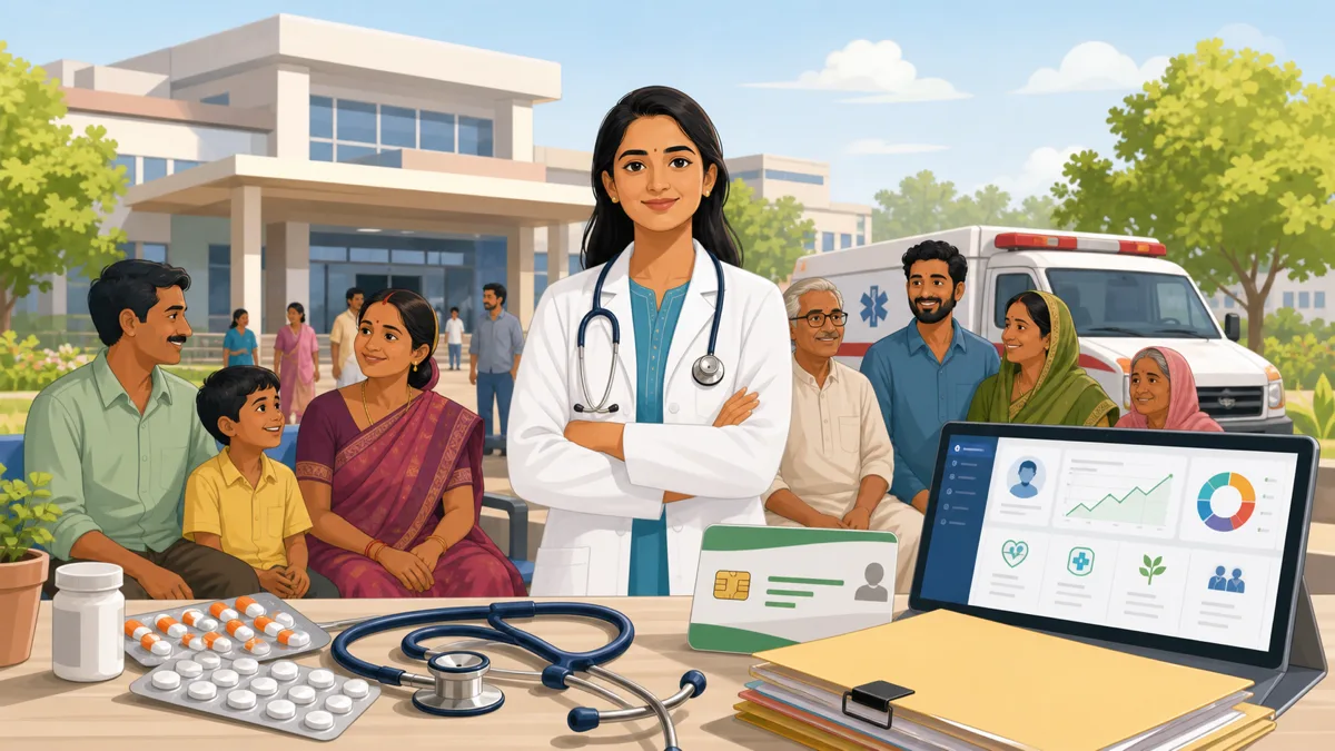 Illustration showing National Doctors' Day in India with doctors, patients, public health services and patient rights.
