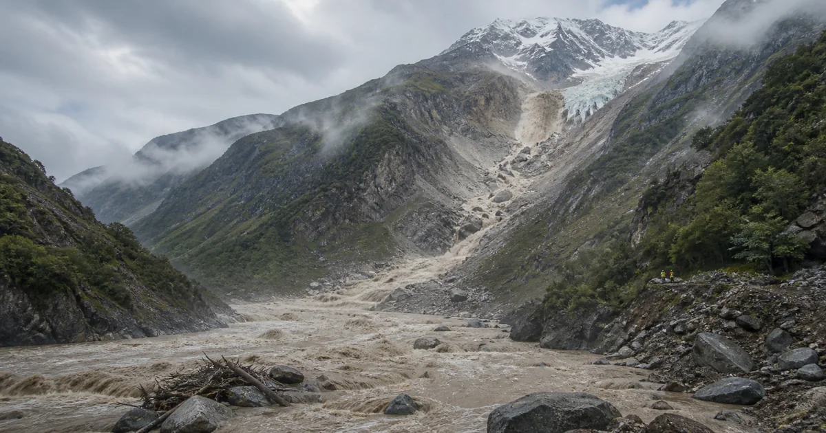 Editorial illustration of a debris-filled Himalayan river after the Nepal flash flood. This is an illustration, not a live photograph.