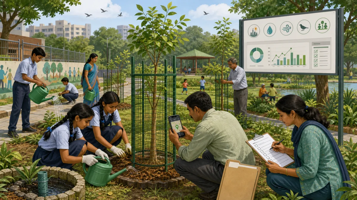 Illustration showing Van Mahotsav Week with citizens planting and protecting trees in India.