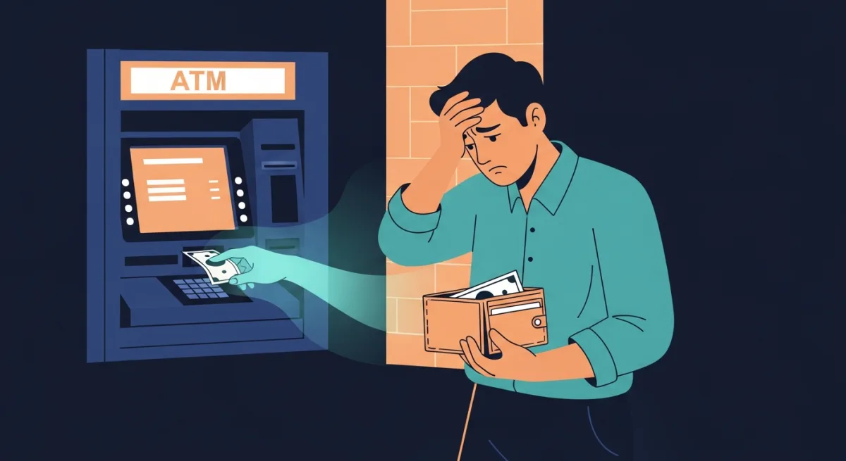 Worried person at a night-time ATM with an empty wallet as a shadowy hand reaches for the cash slot.