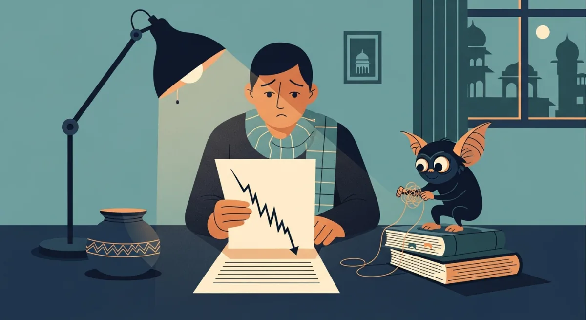 A worried person at a table looking at a printed graph line dropping sharply, with two ledger books tangled together.