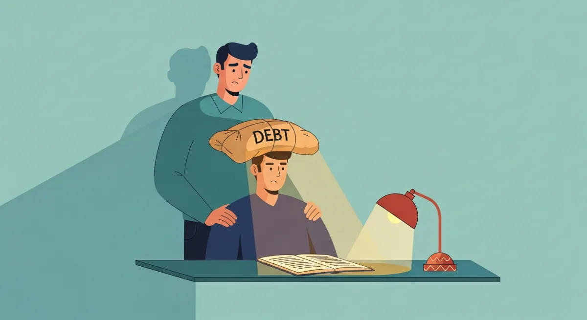 A guarantor standing behind a borrower while the borrower's heavy debt bundle is shifted onto the guarantor's shoulders by a long shadow.