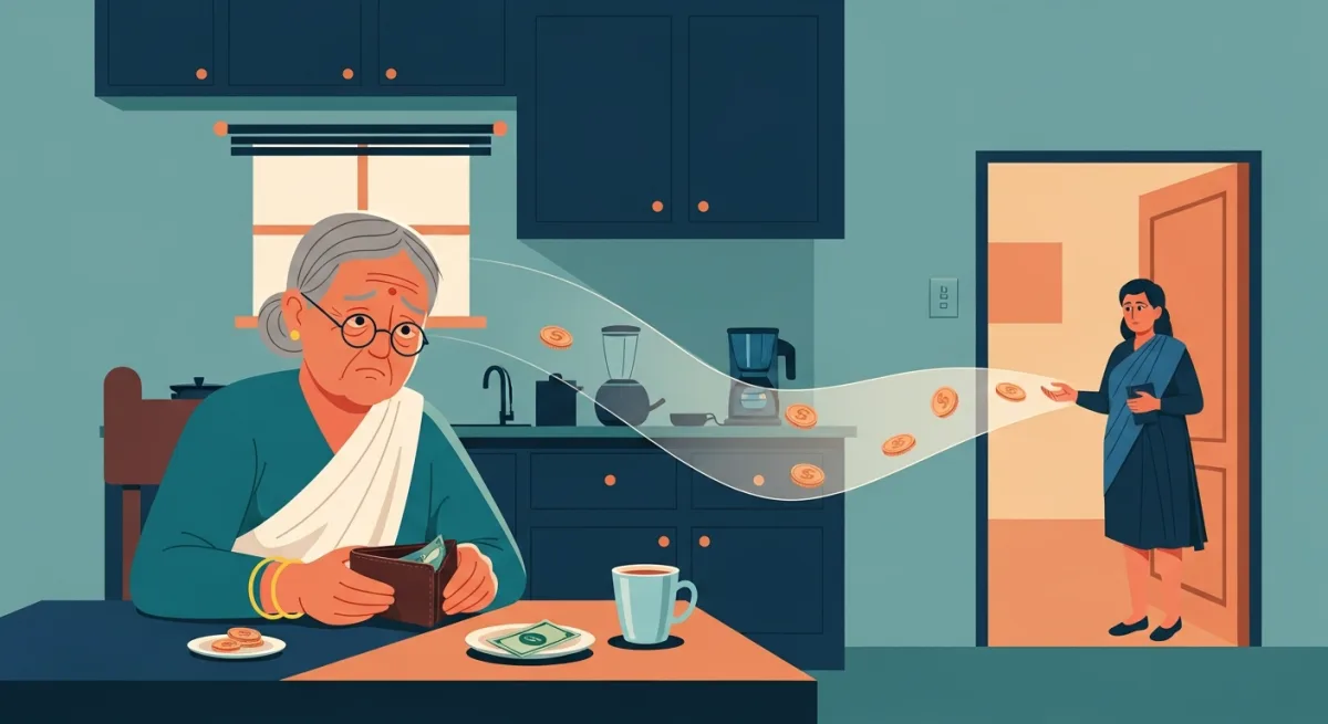 Worried elderly pensioner with an empty wallet as a stream of coins drifts away toward the wrong house.