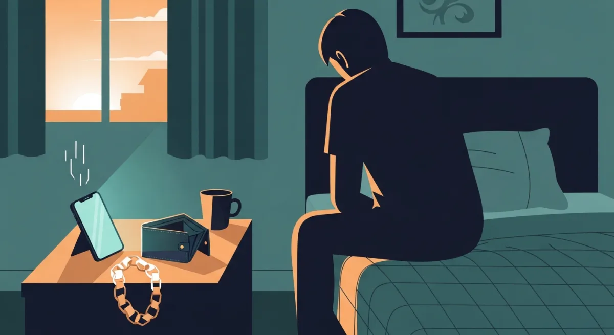 A weary person at night beside an empty wallet as a silent phone lights up again with repeated calls after a settlement.