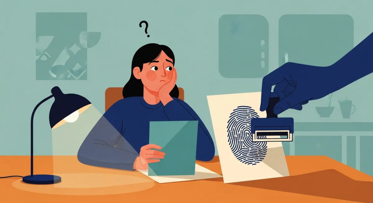 A puzzled person holding a sheet while an unknown shadowy hand presses a fingerprint stamp onto it at a table.