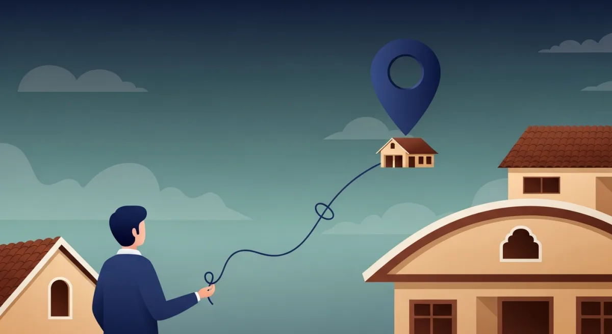 Person outside their home holding a red thread that links to a wrong distant house, with a location pin over the wrong roof.