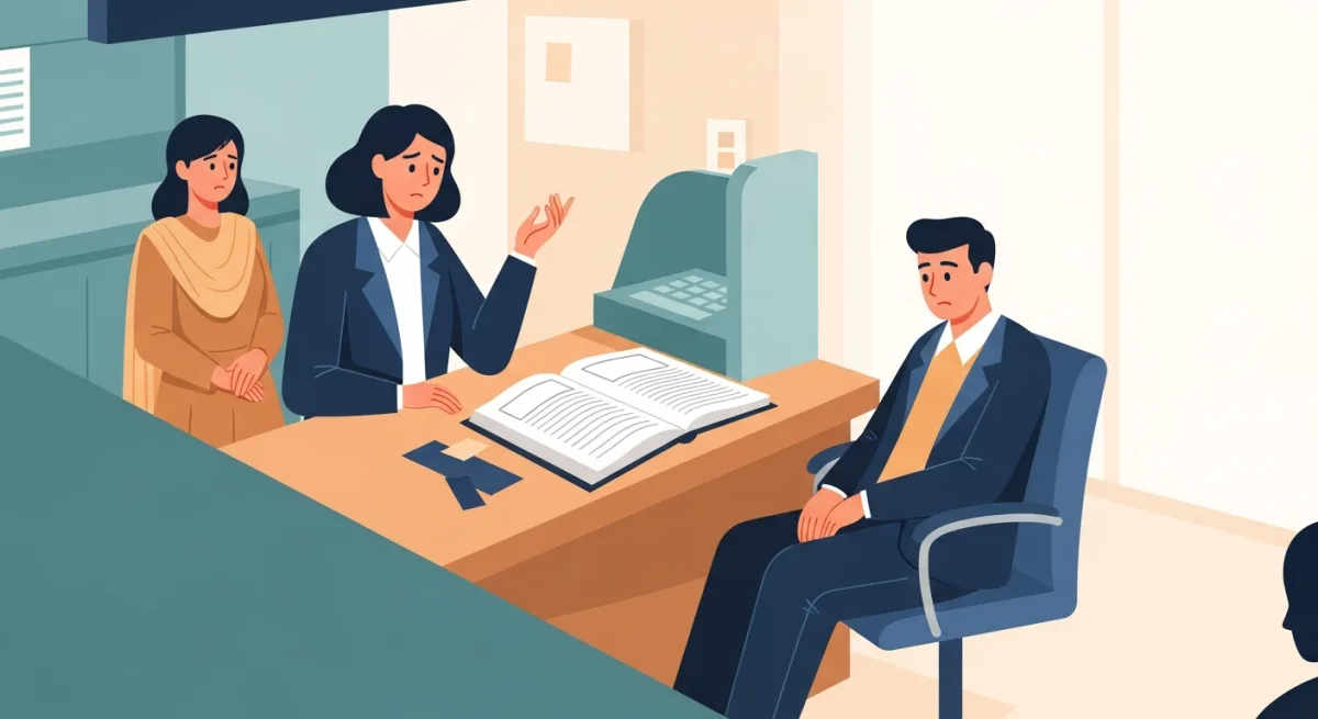 Worried customer at a bank counter pointing out a stranger seated in place of the rightful family nominee.