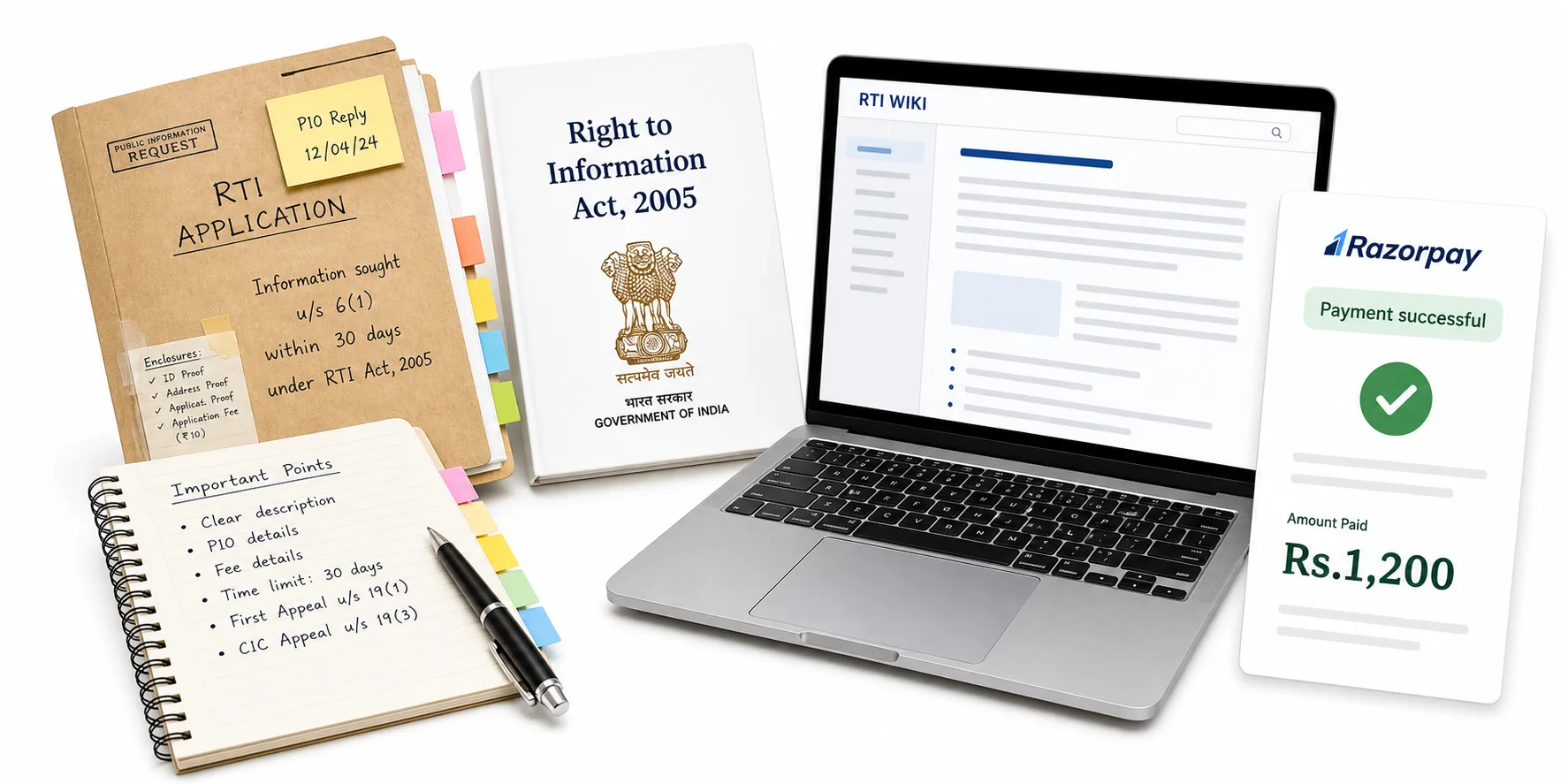 RTI application files, Right to Information Act booklet, RTI Wiki screen, and Razorpay payment success receipt