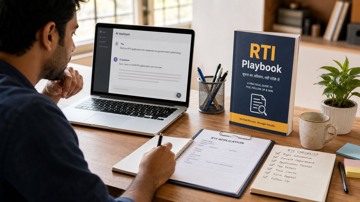 RTI Playbook beside an AI drafting screen and RTI checklist