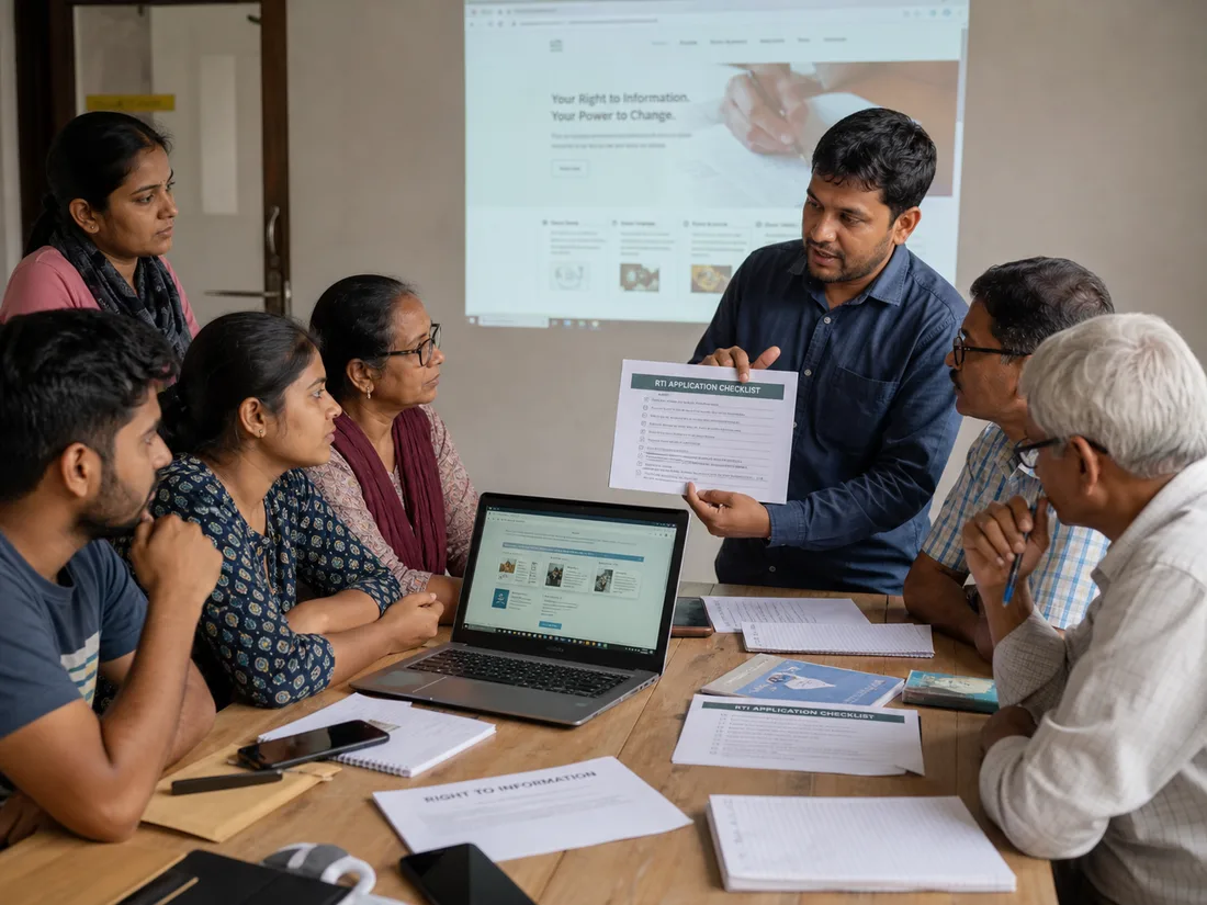 Indian citizens learning to use RTI checklists in a workshop